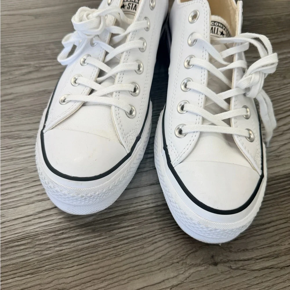 Converse White Low Top Canvas Sneakers with Black Trim - Picture 2 of 7